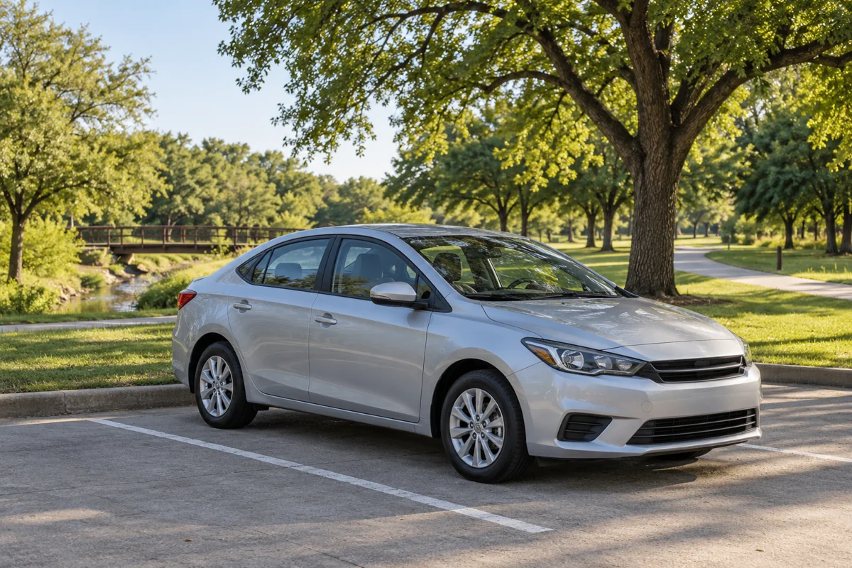 Illustrative parked silver passenger car beside a leafy suburban walking path