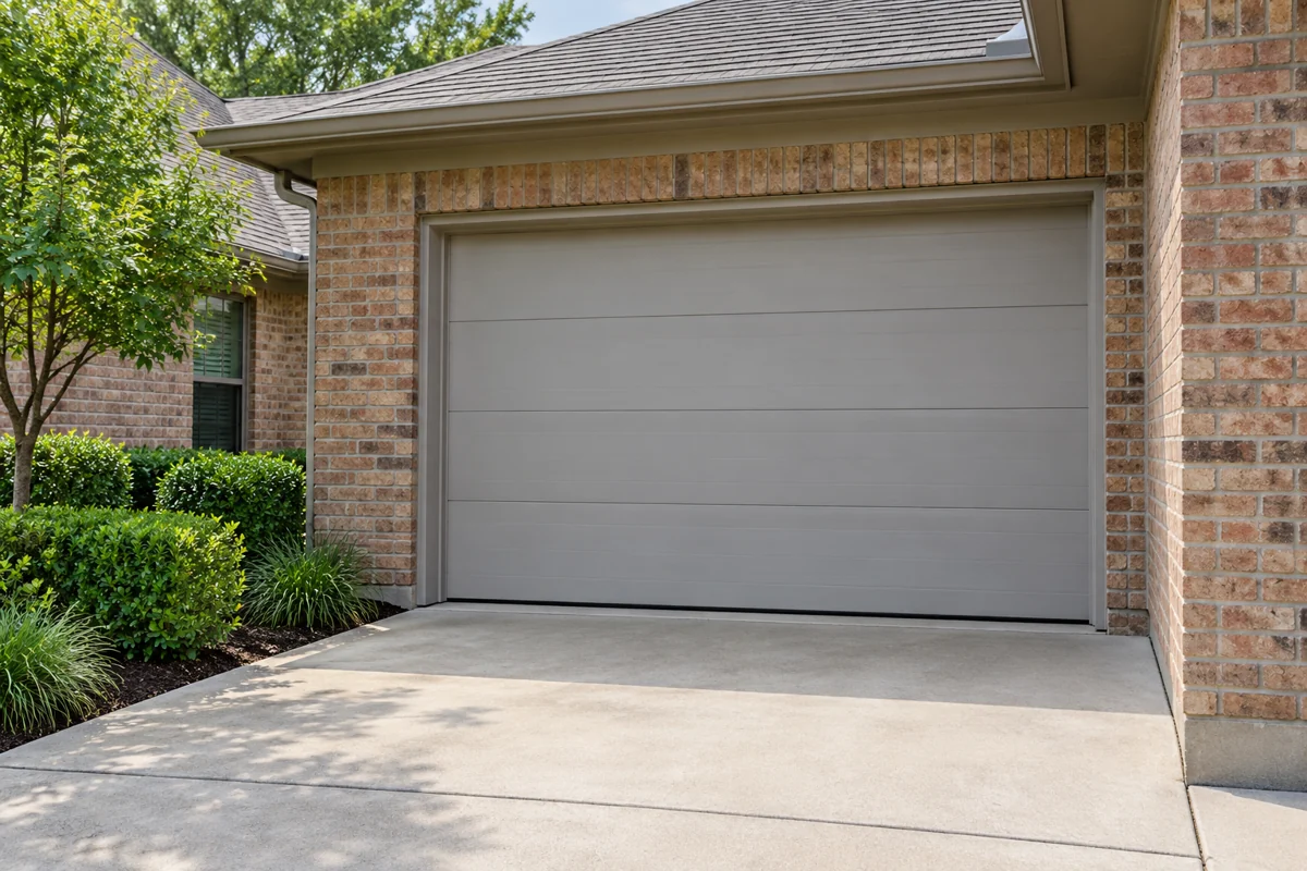 Illustrative private brick-home driveway with a closed sectional garage door