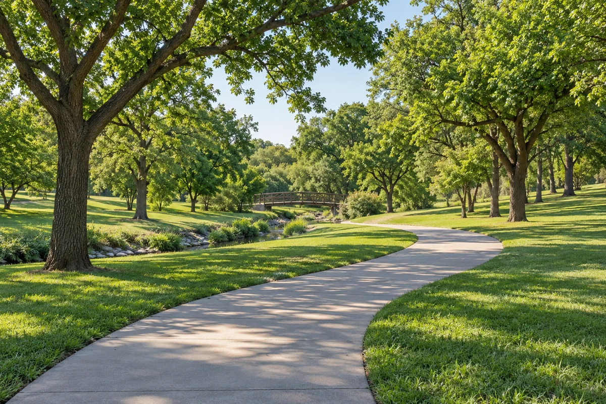 Illustrative leafy North Texas greenway with a footpath and open grass