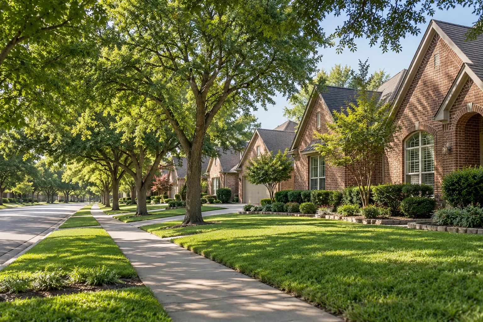 Illustrative North Texas neighborhood with brick homes, shade trees and a sidewalk