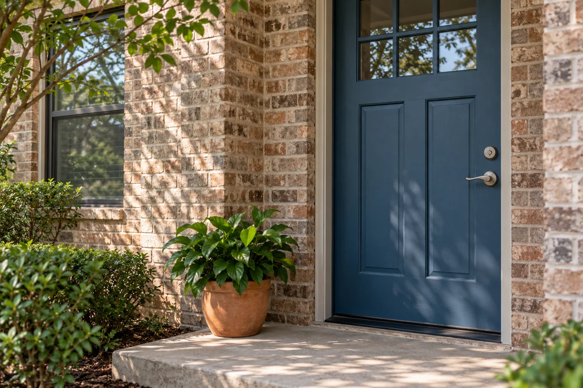 Illustrative shaded brick-home entry with a blue door and simple everyday hardware