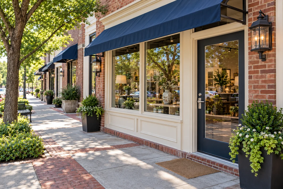 Illustrative small brick storefront with a glazed entry and leafy street trees